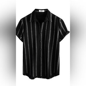 Men's Black Short-Sleeve Button-Down Shirt with Silver Vertical Stripes